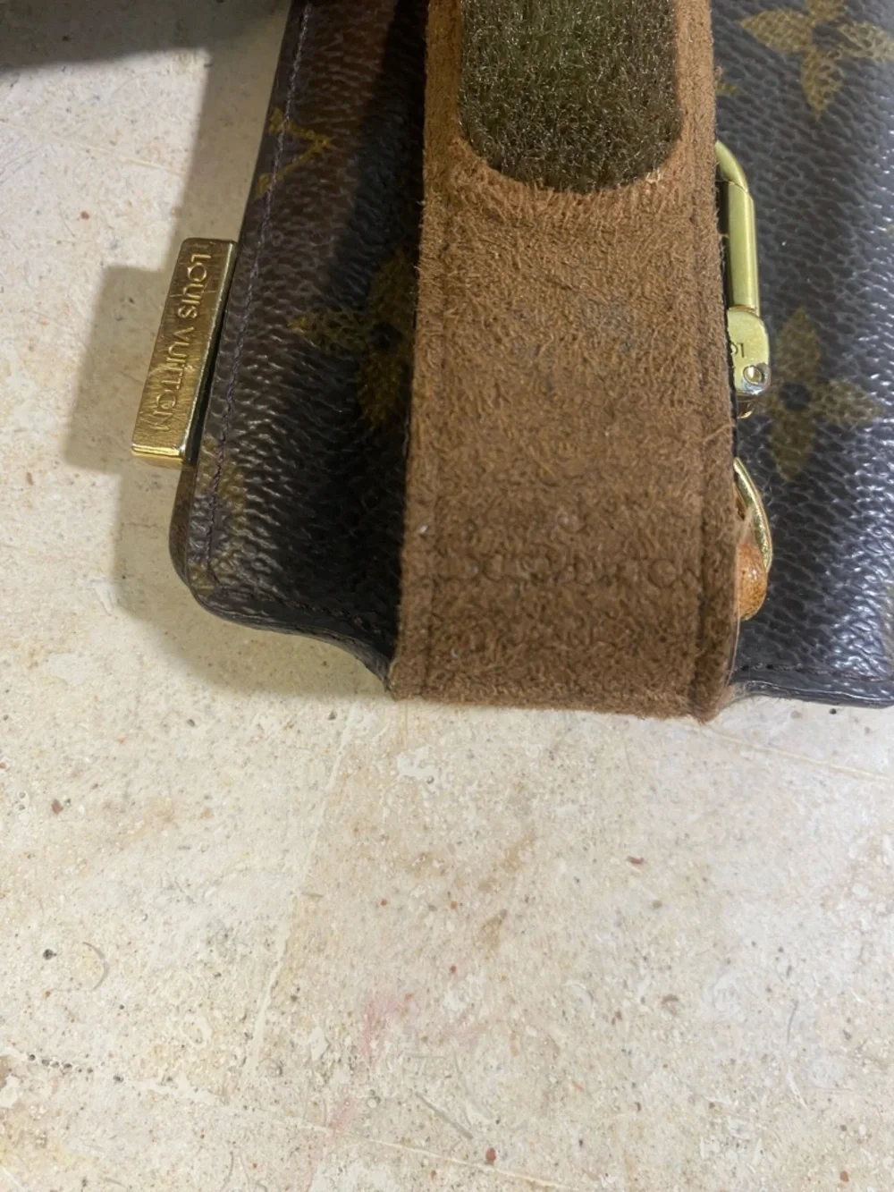 Louis Vuitton Monogram Canvas Phone Holster with Tan Strap and Gold Hardware